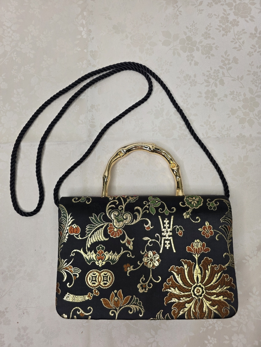 VTG Vanessa Chinoiserie Brocade Bag w/ Gold Metal Bamboo Handle